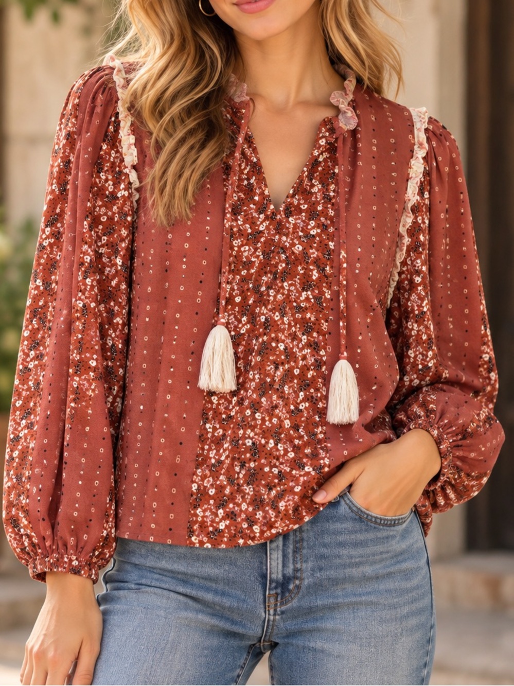 Dolan Sz S Boho Blouse Fall Ditsy Floral Prairie Tassel Tie Ruffle Anthropologie